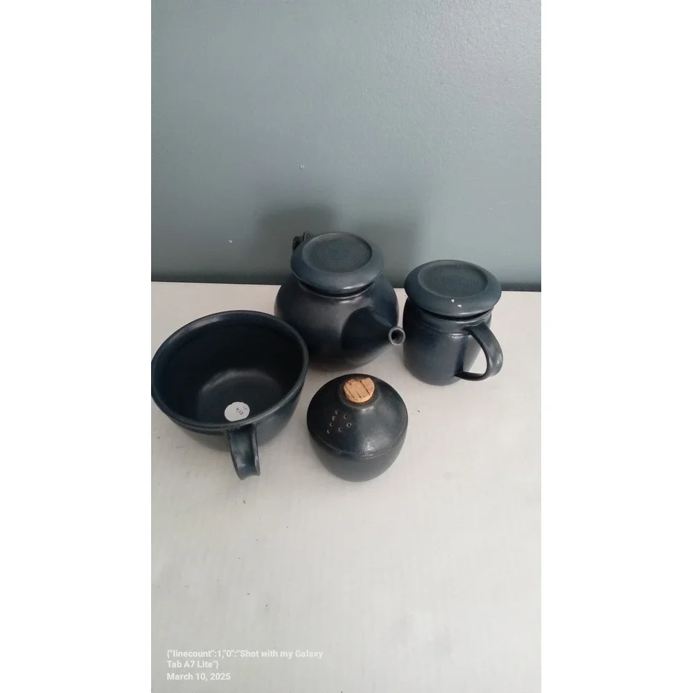 Studio Pottery Tea Set Matte Navy Blue Teapot Lidded‎ Mug Bowl Cork Shaker 4pc